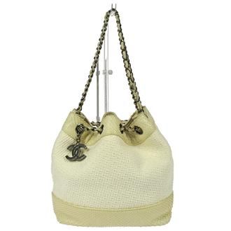100 Authentic Chanel White Canvas Faux Snakeskin Drawstring Hand Bag