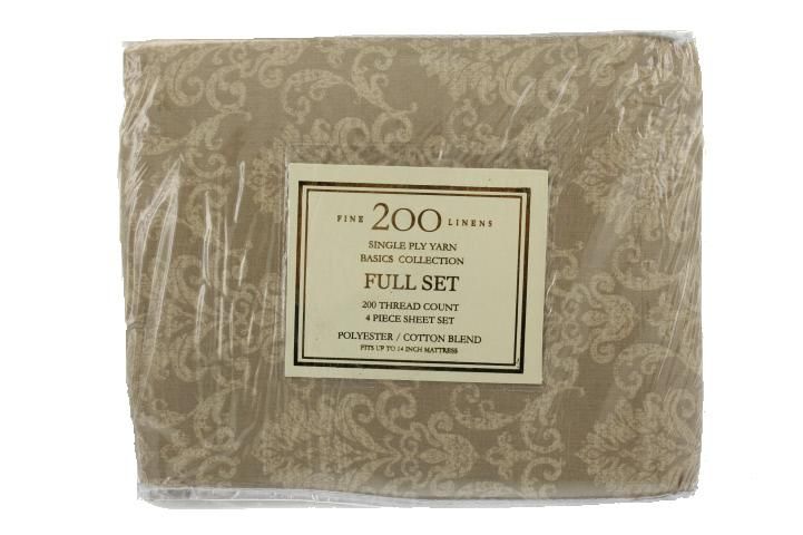 Fine Linens New Beige Printed Cotton 200TC 4 PC Sheet Set Bedding Full