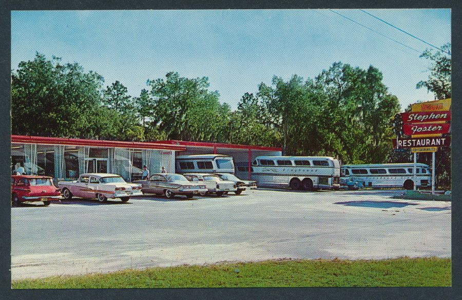 Stephen Foster RESTAURANT, Fannin Springs FL Greyhound Buses Old Cars