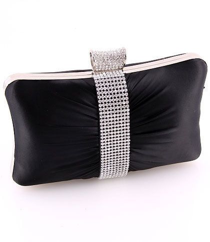 Black   Evening Clutch Bag Silver Metal Frame Swarovski Crystal Satin