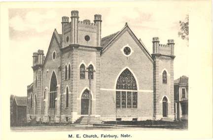 NE FAIRBURY M E CHURCH CIRCA 1910 EARLY TOWN VIEW