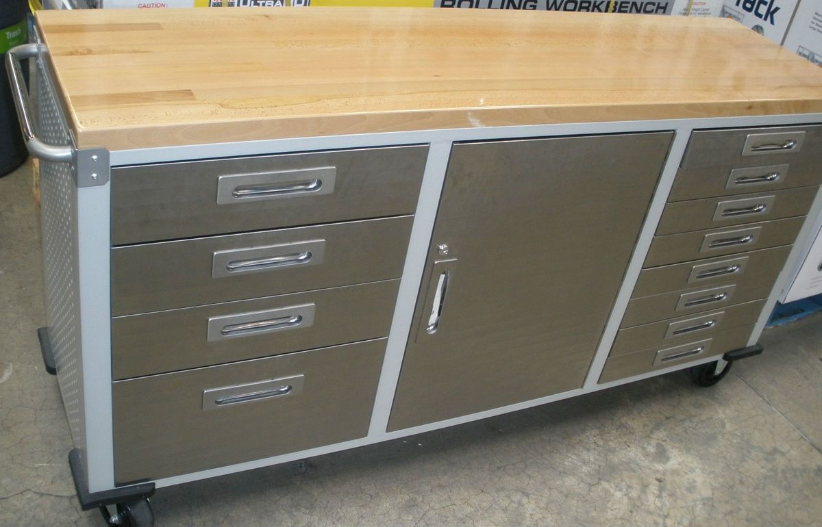 FOOT SEVILLE STAINLESS STEEL CABINET ROLLING WORKBENCH W WOODEN TOP
