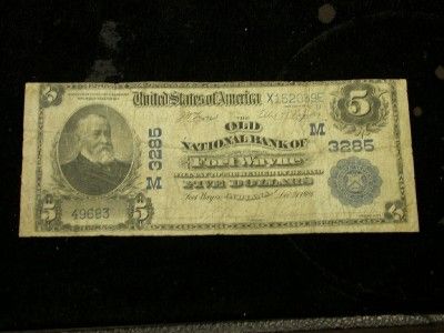 1902  PLAIN BACK  $5 CH.M3285 FORT WAYNE, INDIANA  KELLYS $200  ID#