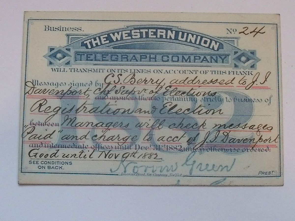 Western Union free frank ticket for 1882 congressional election