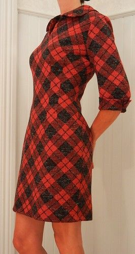 Vtg 60s Wool Edith Flagg CA USA Mod Red Plaid Wiggle Mini Career Dress