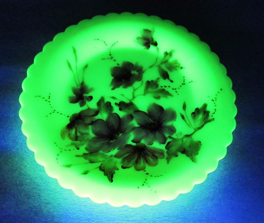 Hand Painted Floral Uranium Custard Glass Butter Pat