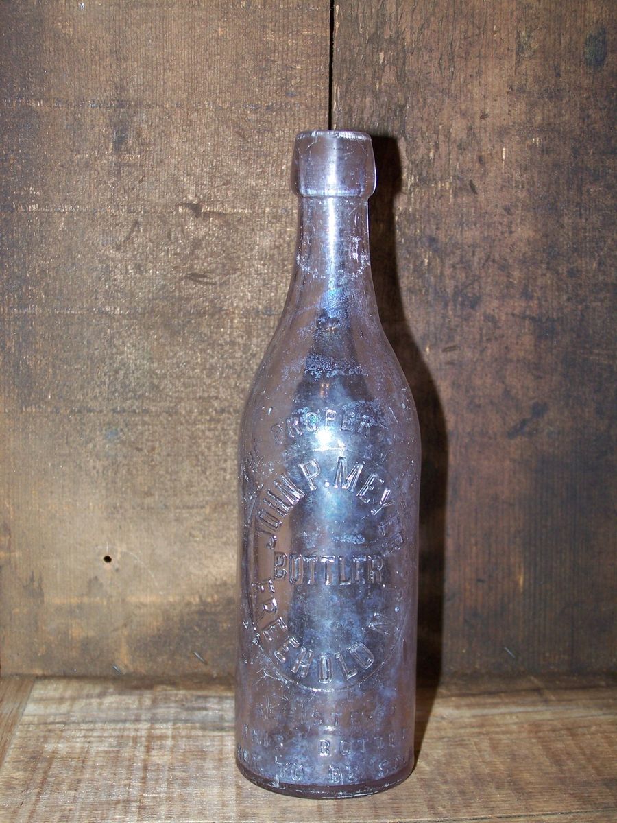 ANTIQUE AMETHYST OLD BLOB TOP BOTTLE JOHN P MEYER FREEHOLD NJ