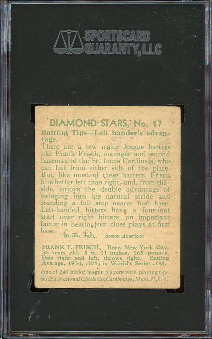 1934 36 Diamond Stars 17 Frankie Frisch St Louis Cardinals HOF SGC 50