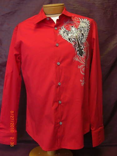 Bizzo Mens Red Long Sleeve Dress Shirt with Sequin Graphic Cross