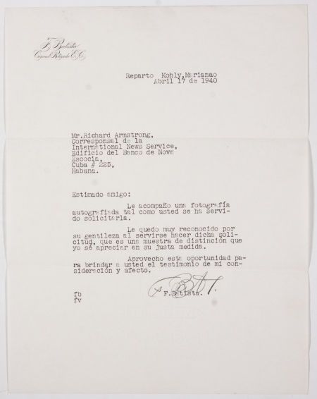 Fulgencio Batista Signed Typed 1940 Letter on Authors Letterhead with