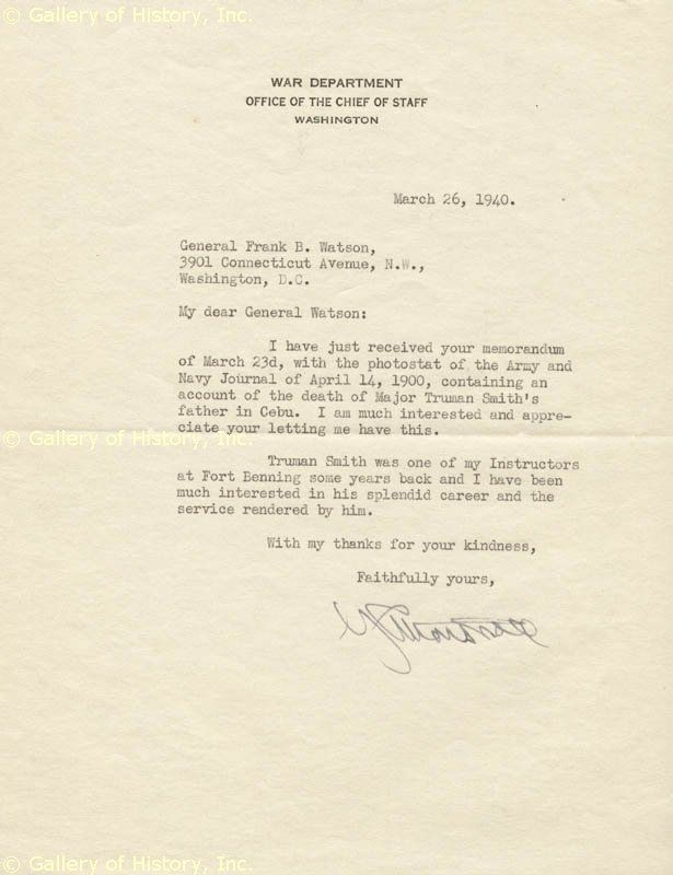 George C Marshall Typed Letter Signed 03 26 1940