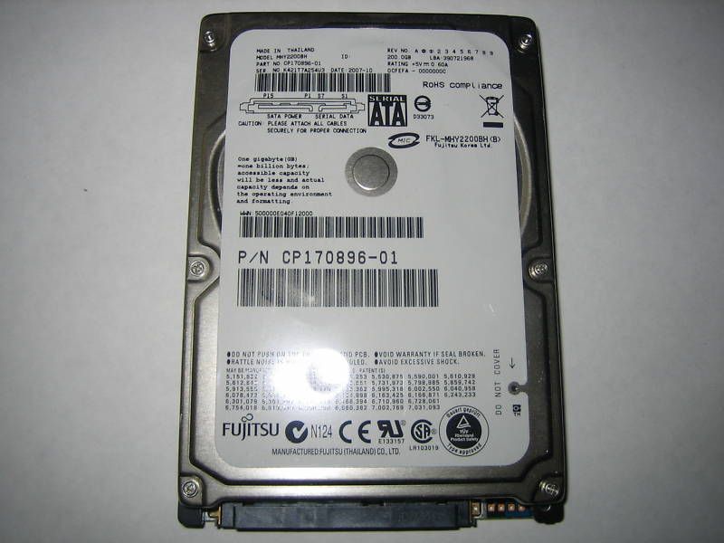 Fujitsu MHY2200BH 200GB PN CP170896 01 SATA Hard Drive 102646038789