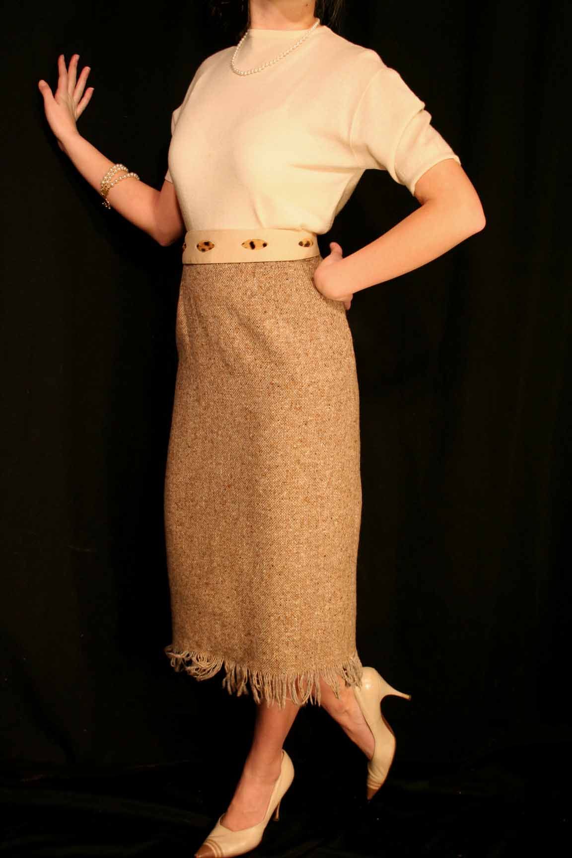 Sz M Vtg 50s 60s Lined Fringed Brown Nubby Tweed Wool Pencil