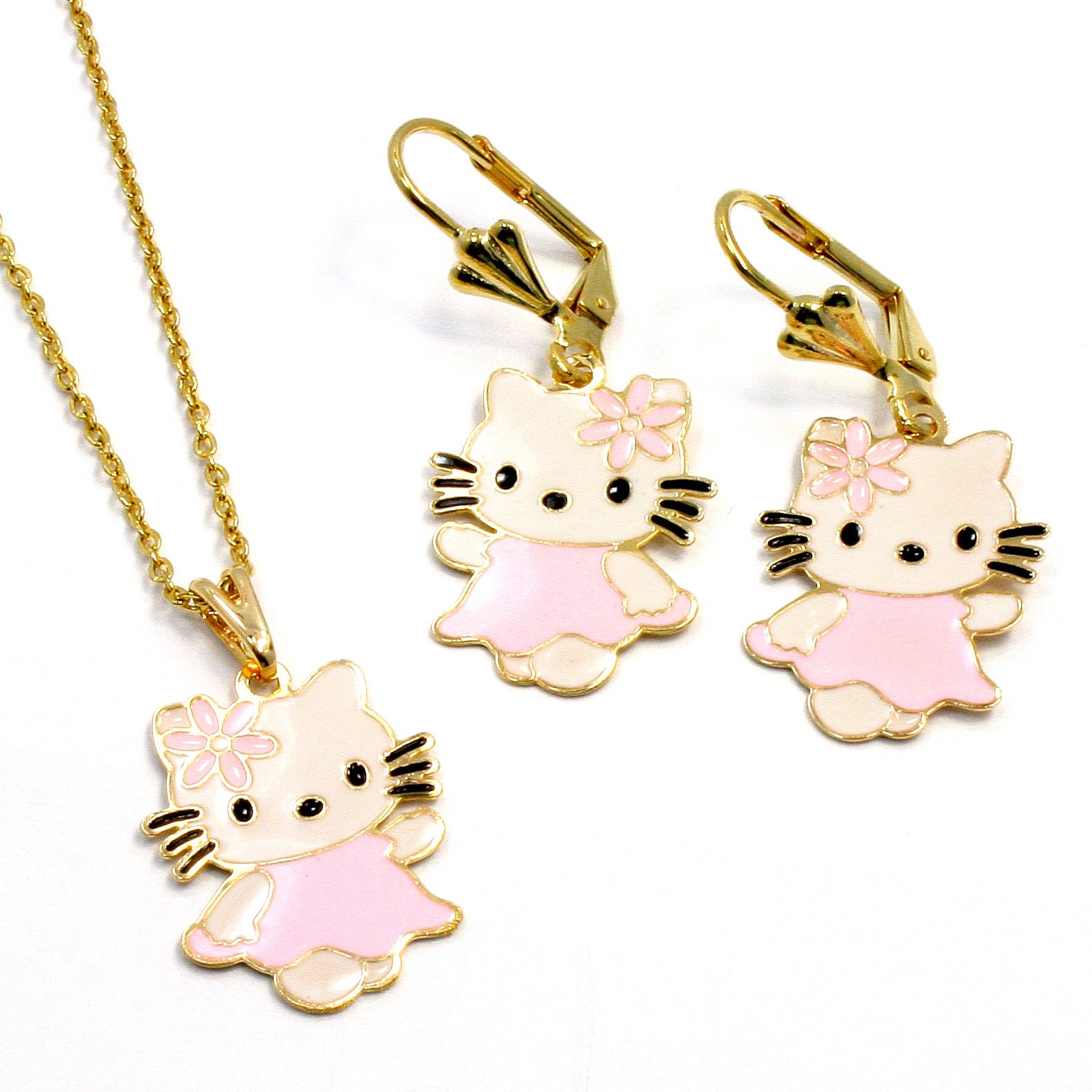 Gold 18K GF Pink Enamel Earrings Hello Kitty Girl Teens Pendant Charm