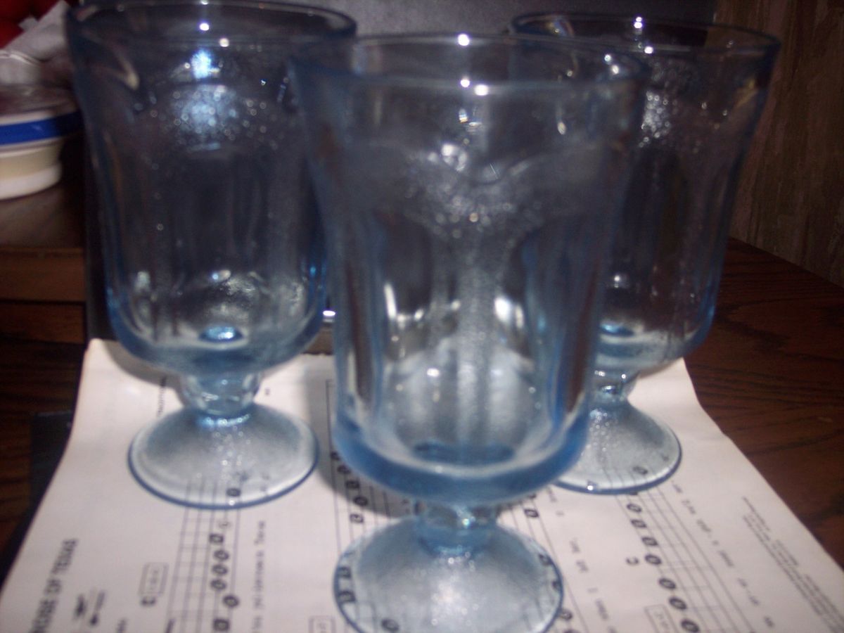 FOSTORIA WOODLAND WATER BLUE GLASSES VTG GLASS SET 3 ICED TEA STEMMED