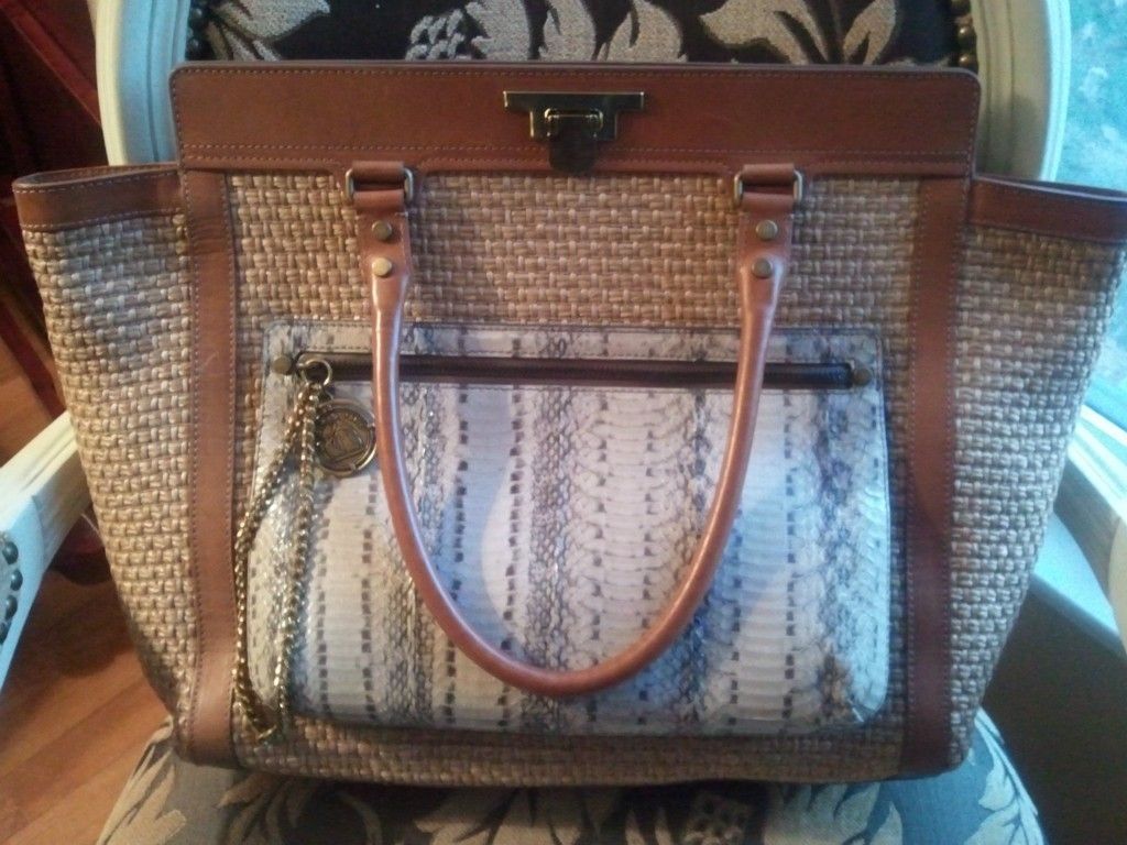 Lanvin Sheshe in Straw Tote w Detachable Python Clutch w Brown Trim $