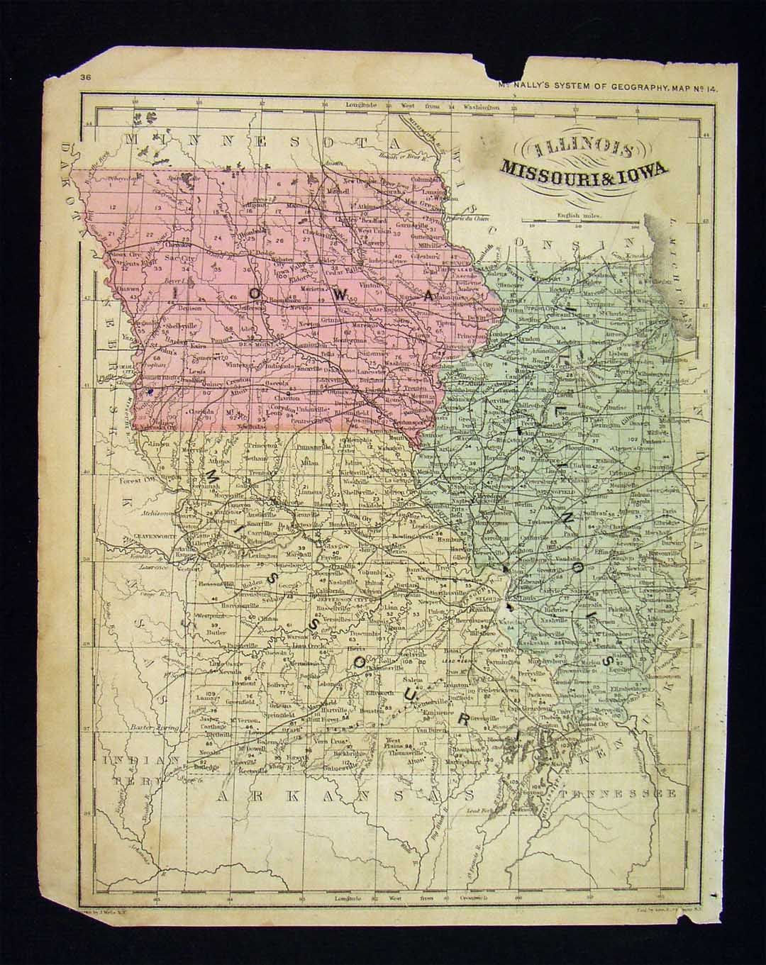 1874 McNally Map Illinois Missouri Iowa St. Louis Chicago Des Moines