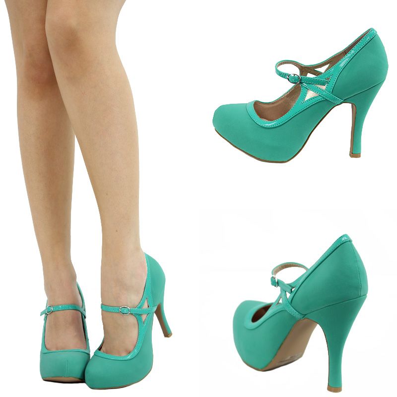 Sea Green Patent Trim Mary Jane Cut Out High Heel Platform Women Pump