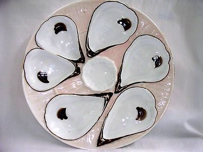  Oyster Plate Hand Painted Pastel Pink Brown Trim 6 Wells 1 dip cir