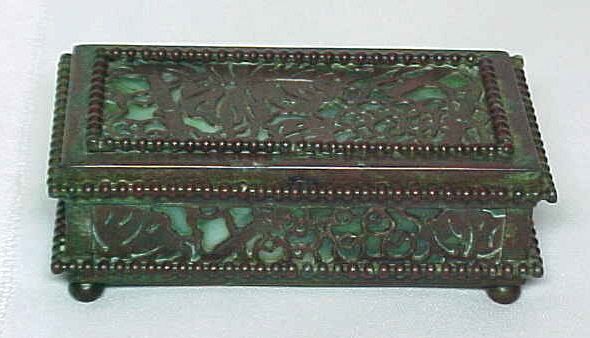 Tiffany Studios Grapevine Stamp Box Green Glass Beaded Border