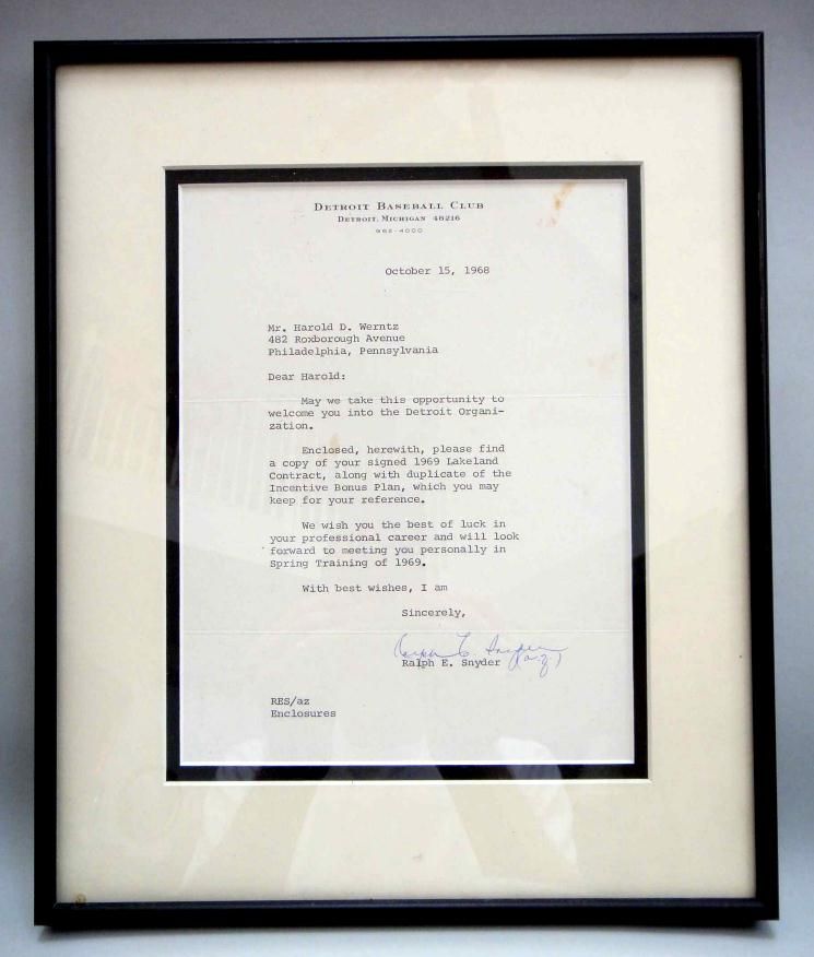  DETROIT BASEBALL CLUB CONTRACT LETTER~HAROLD D.WERNTZ minor league