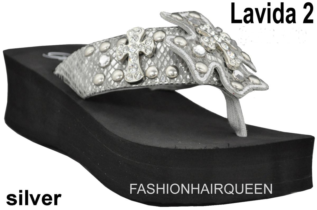 New Grazie Lavida 2 Silver Bling Cross Rhinestone Flip Flops