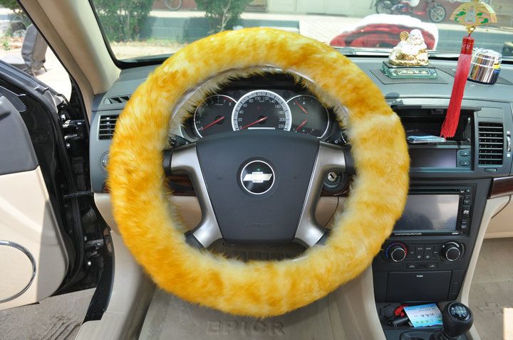 Genuine Goldy Long Wool Sheepskin Steering Wheel Cover Steel