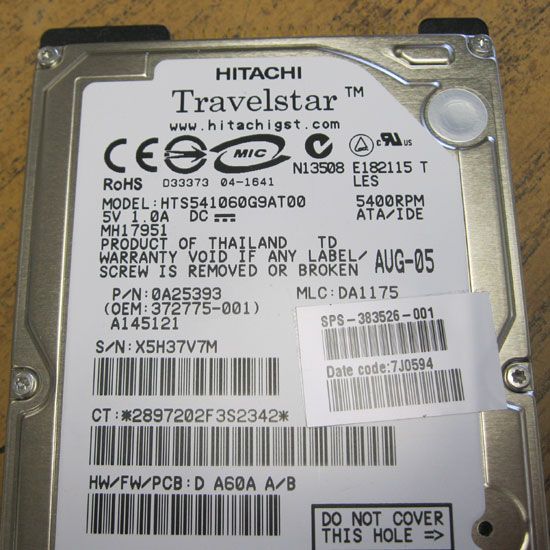 HP Hitachi 60GB 2 5 IDE Laptop Hard Drive HTS541060G9AT00 383526 001