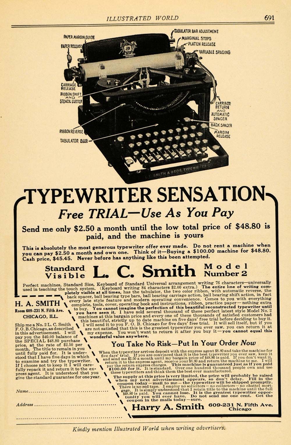 1916 Ad Harry A Smith L C Model Number 2 Typewriters Original