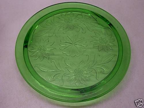 Green Depression Glass Sunflower Cake Plate