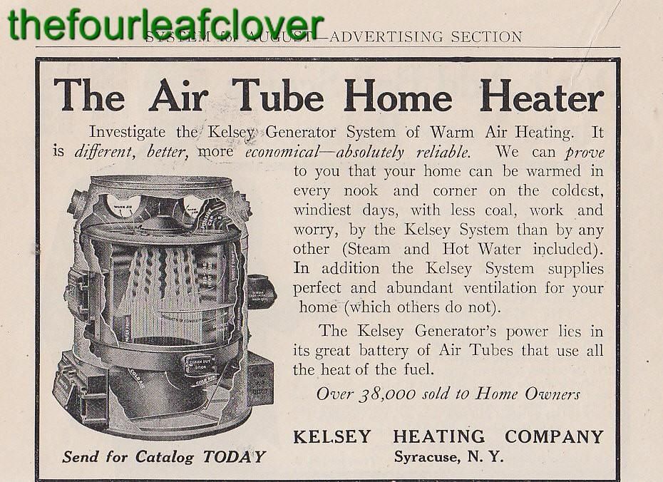 Kelsey Heating Air Tube Heater Syracuse NY Ad 1910 RARE