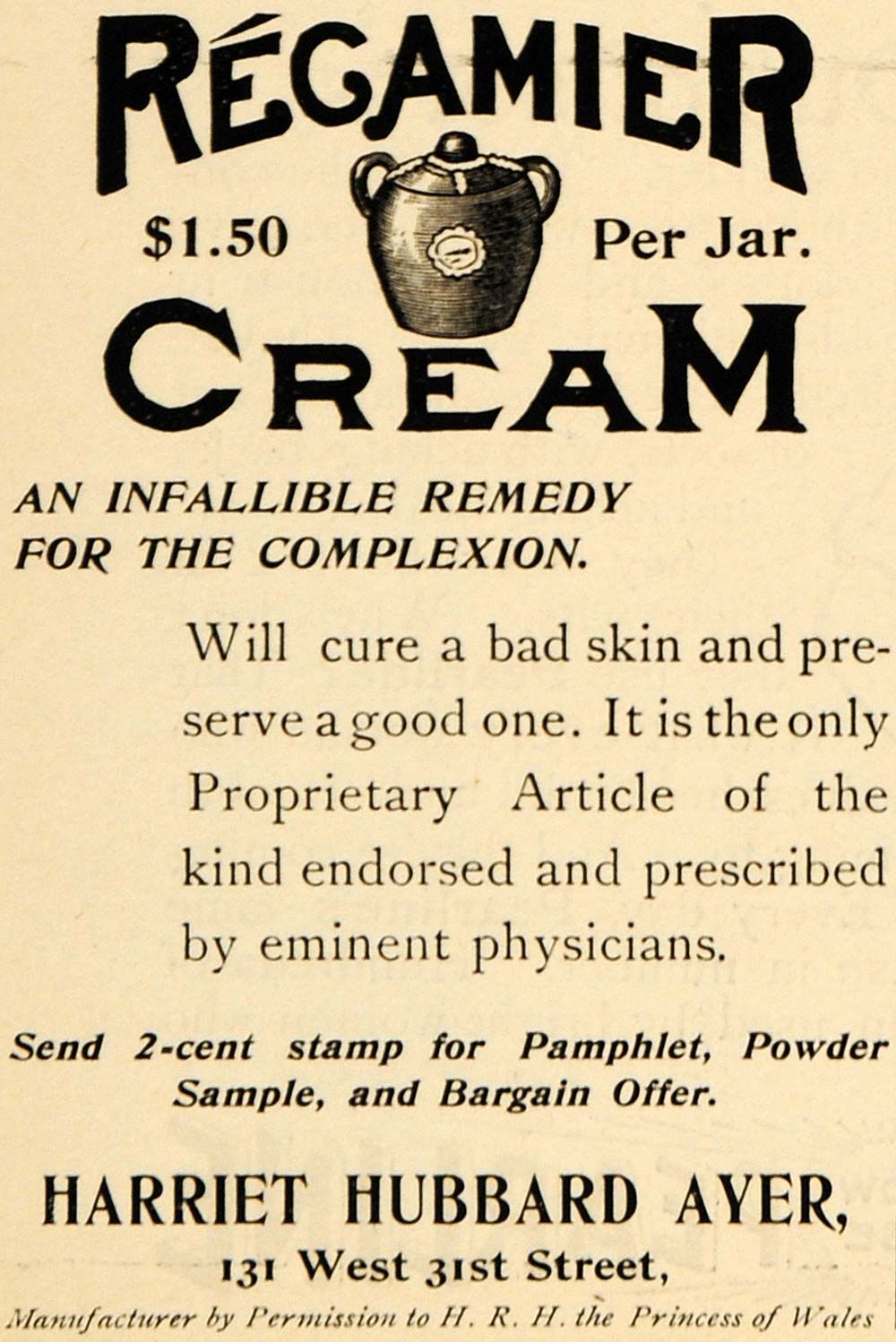 1895 Ad Regamier Cream Harriet Hubbard Ayer Skin Cure   ORIGINAL