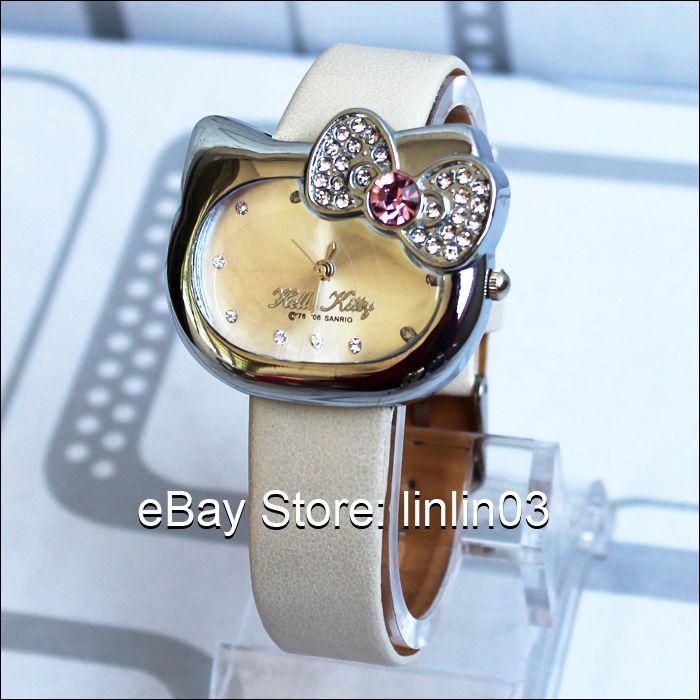 Fashion Hello Kitty Watch bow knot Cat Face Crystal Quartz Wristwatch