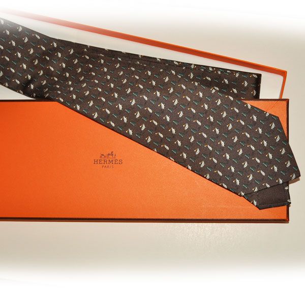 New w Tag Hermes Tie Men Brown Skiing Penguin Authentic