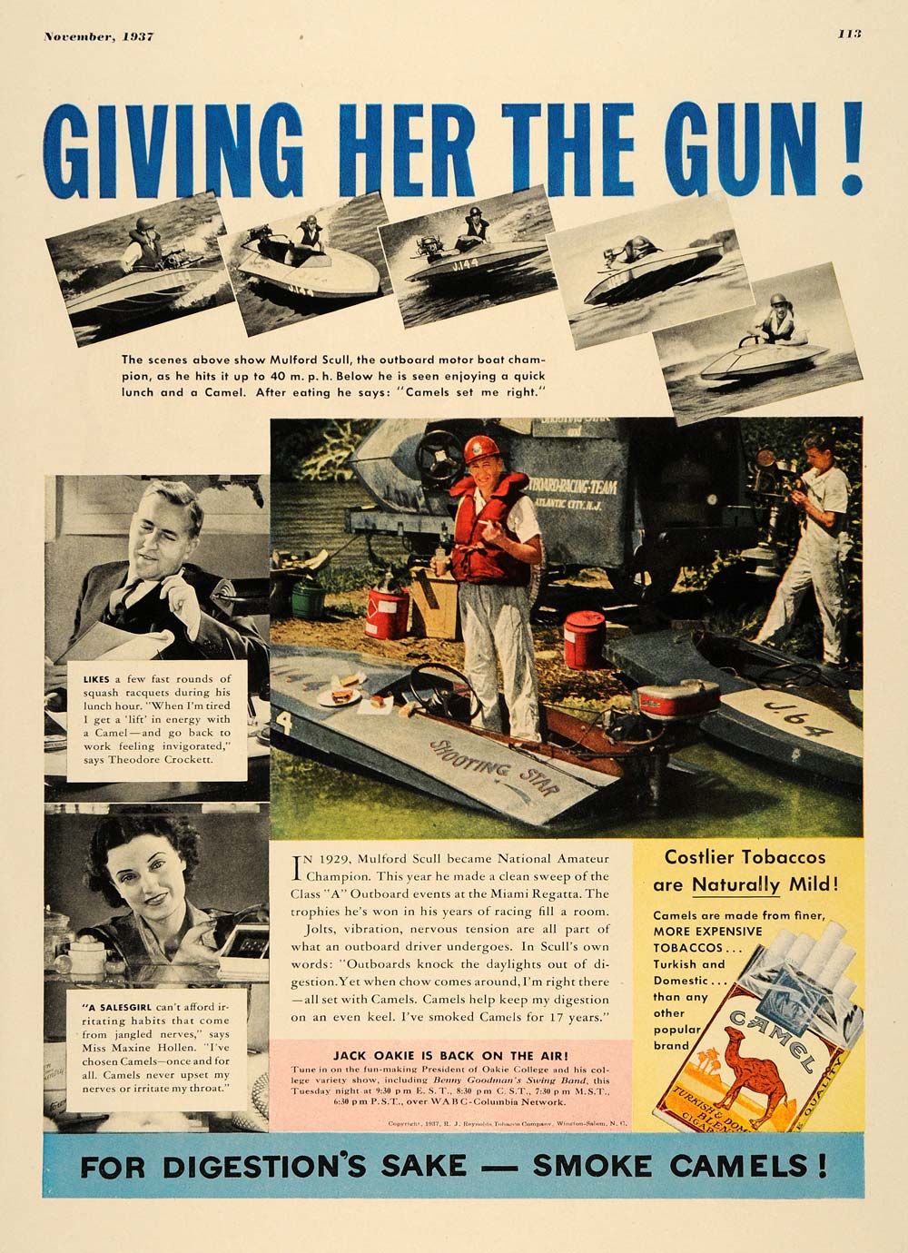 1937 Ad Mulford Scull Motor Boat Champ Camel Cigarettes   ORIGINAL