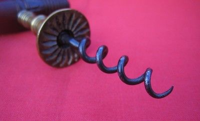 ANTIQUE HENSHALL BUTTON TYPE CORKSCREW. BRASS SHAFT & WOOD HANDLE WITH