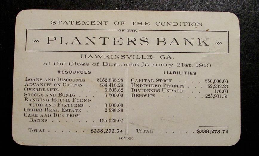  Size Card Statement of Condition Planters Bank Hawkinsville GA