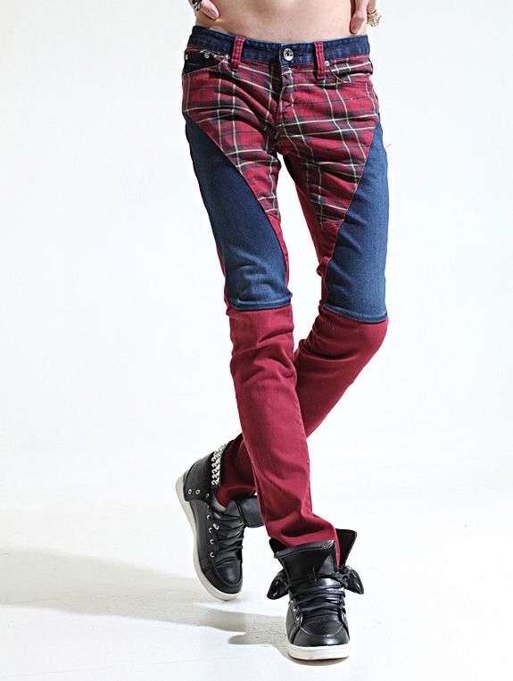   mens checked baggy pants denim slim pants mens hip hop jeans waist