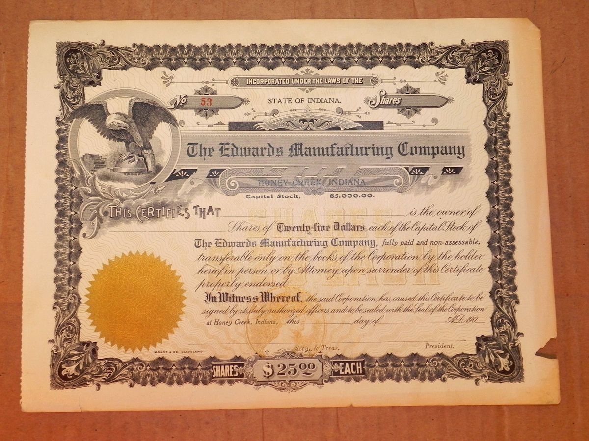 Vintage 1900 $25 Edwards Mfg.Co. Honey Creek,Indiana Capital Stock