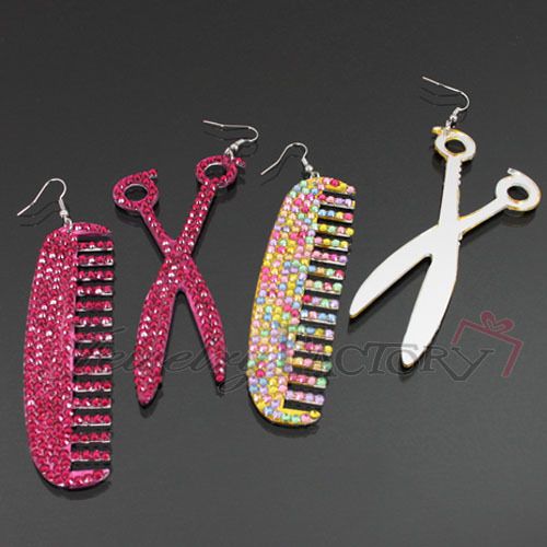 Hot Scissors Comb Rhinestone Mirror Earrings RE5677 E3009