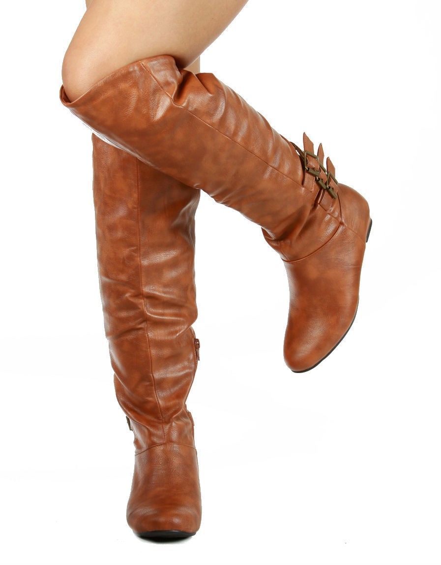 Diva Lounge Iona 14 Buckle Knee High Wedge Over the Knee Boots Tan