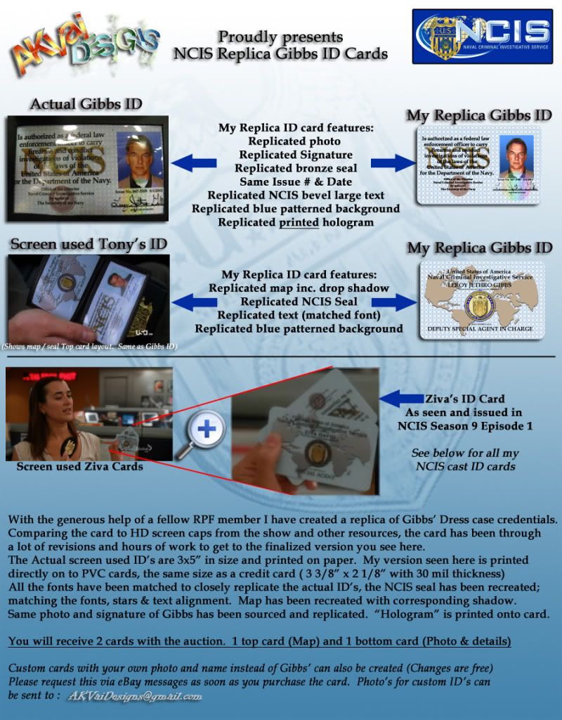 NCIS Replica Gibbs ID Cards Any Character or Yourself