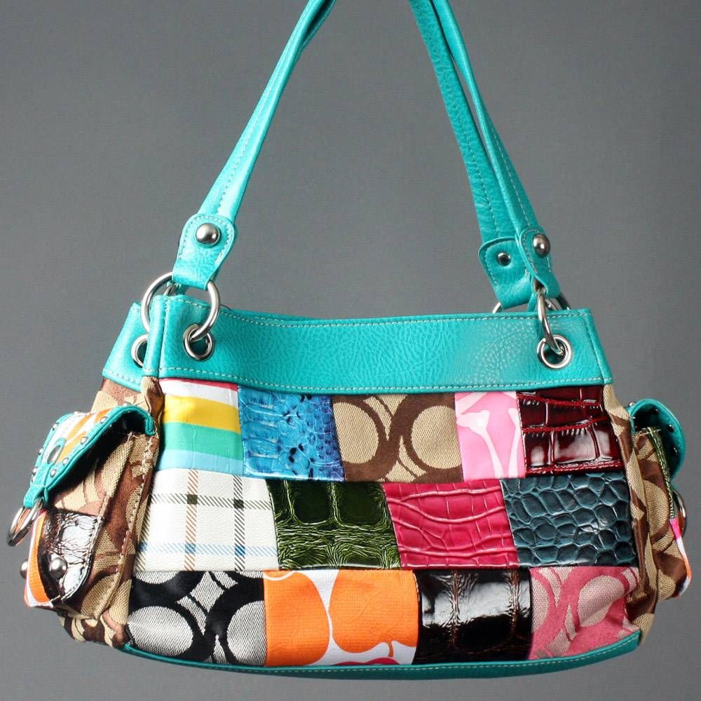  Multi Fabric Patchwork Metal Stud Icon Women Shoulder Purse