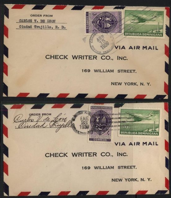 1939 Dominican Republic 2 Airmail Covers Ciudad Trujillo