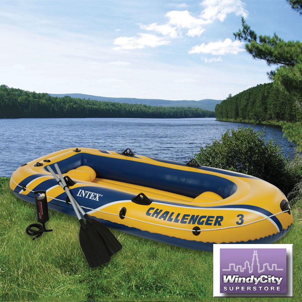 Intex Challenge 3 Inflatable Raft River Lake Dinghy Boat & Oars Set on