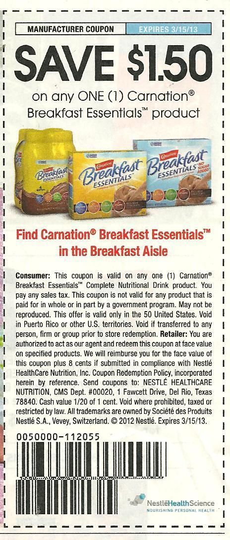 20 Coupons $1 50 Off 1 Carnation Instant Breakfast Essentials Product