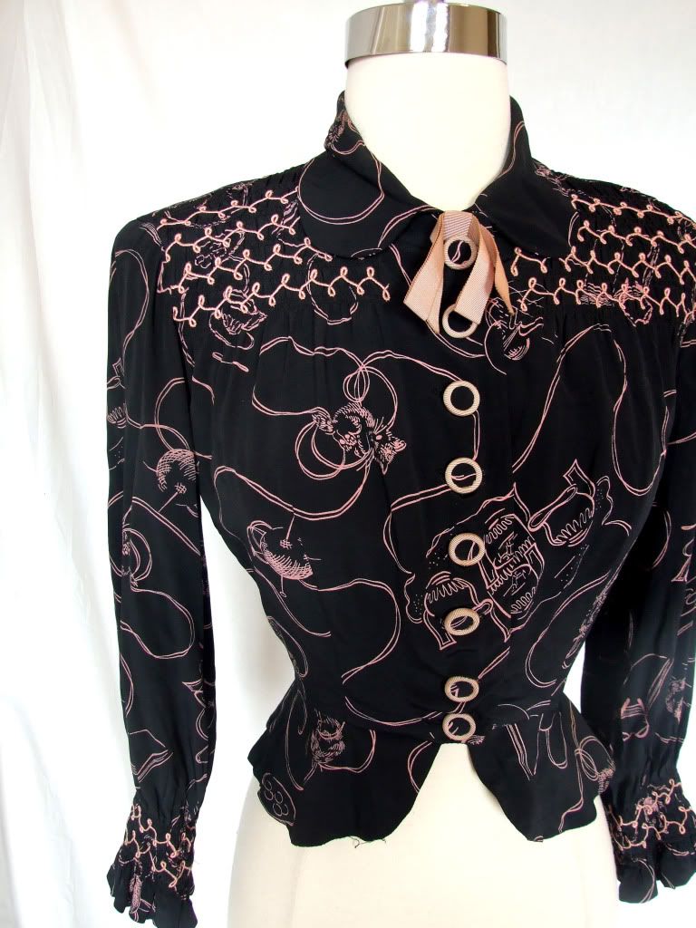 Rare Vintage 30s 40s Rayon Cat Kitten Print Blouse Shirt ~ Dress Suit