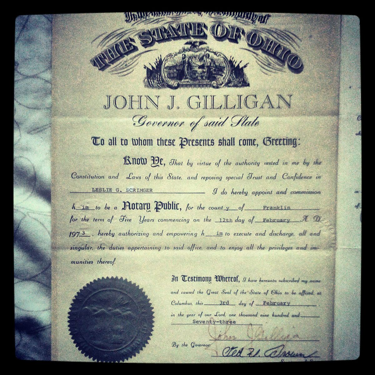 Ohio Governor James A Rhodes Signed Document