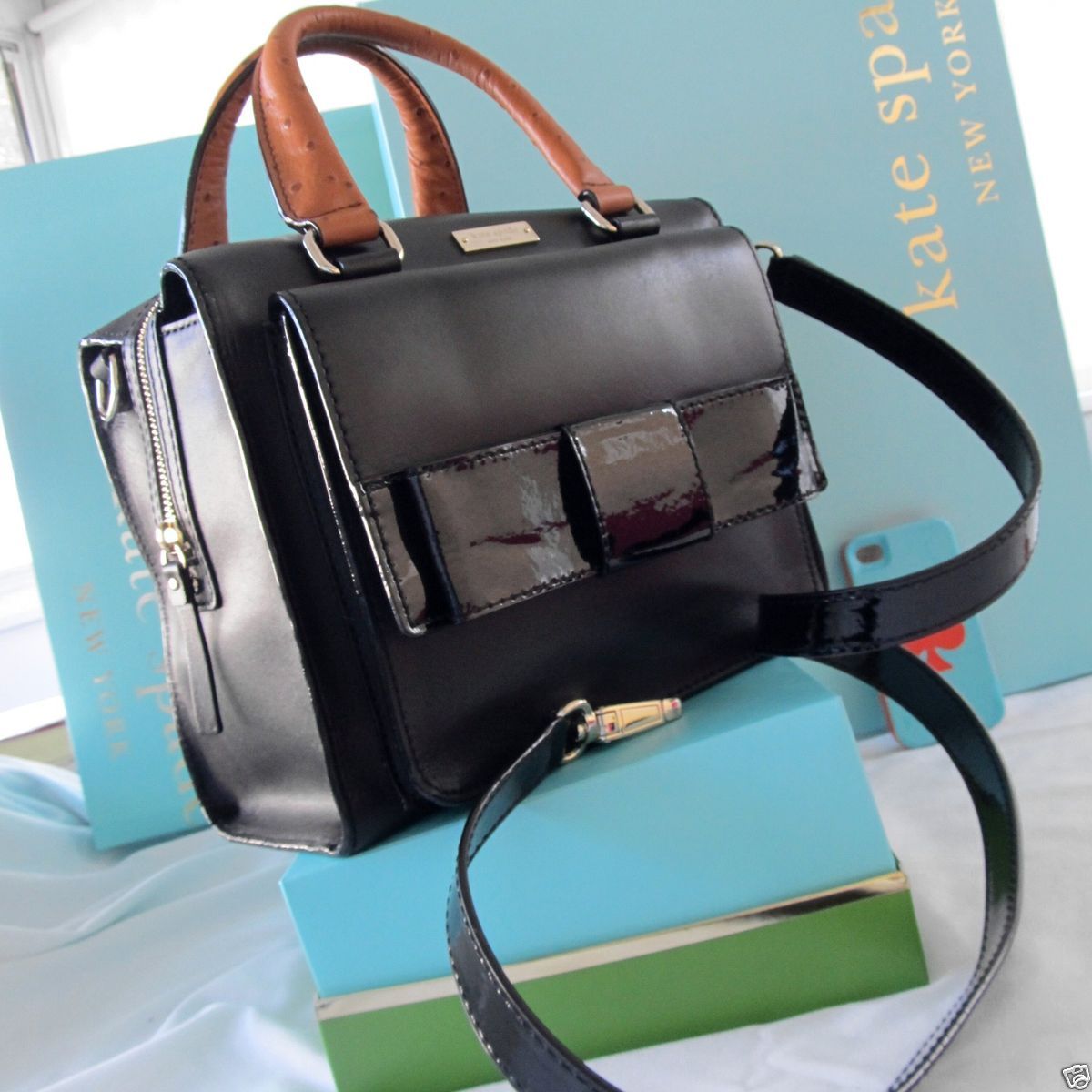 Kate Spade Bow Bridge Little Kennedy Bag Black Natural Ostrich ALL