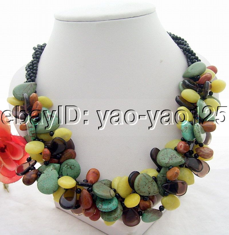 4Strds Onyx Turquoise Smoky Quartz Olive Jade Necklace